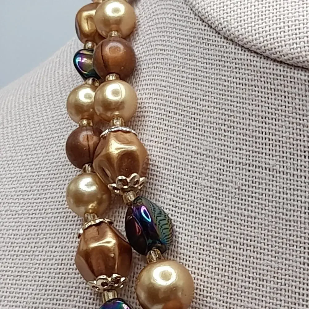 Vintage Japan Art Bead Necklace Iridescent Glass Wood Pearl Double Strand